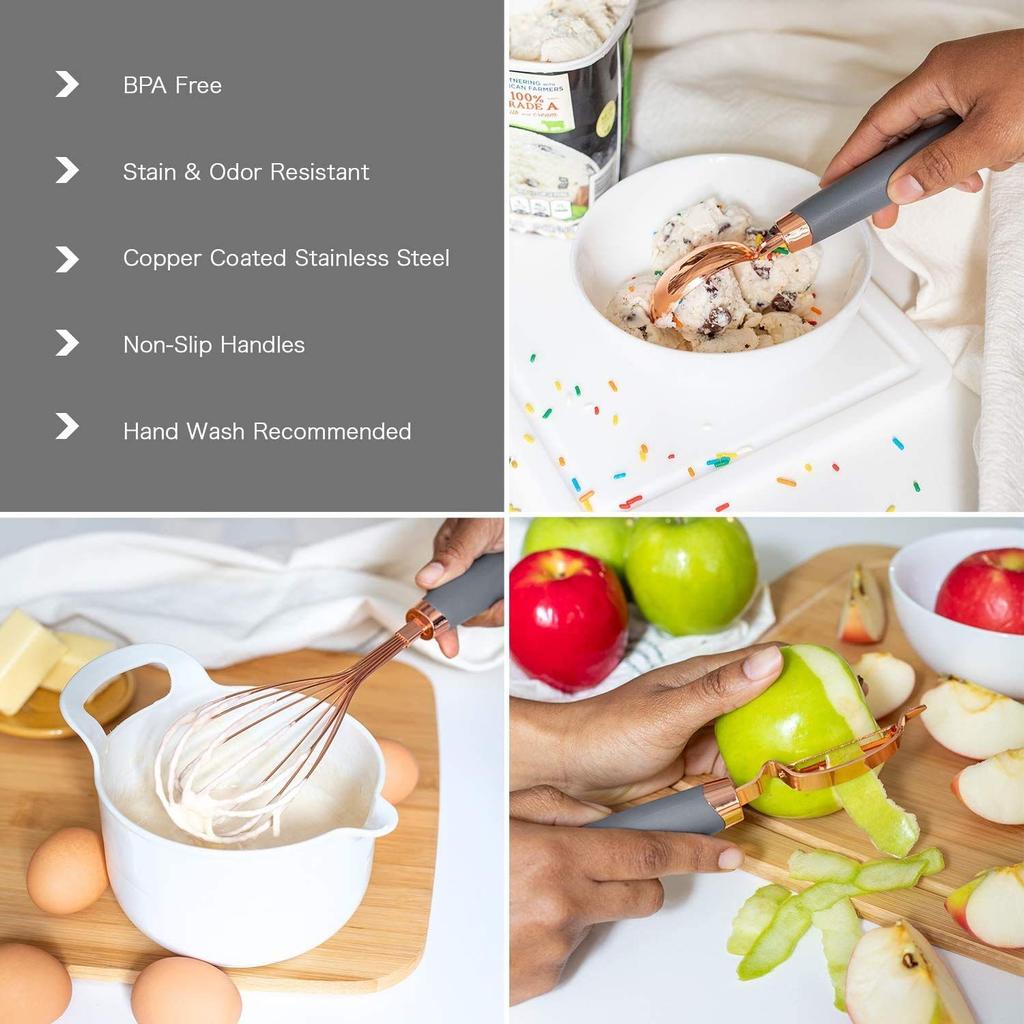 7 Pices Kitchen Gadget Set Copper Coated Stainless Steel Utensils with Soft Touch Blue Handles Kitchen Tools (Grey, 7)