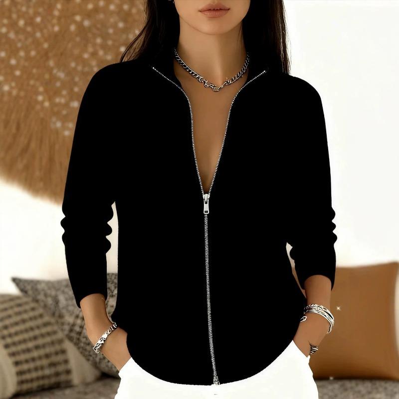 Women S Half High Neck Full Zip Long Sleeve Knit Cardigan Solid Color