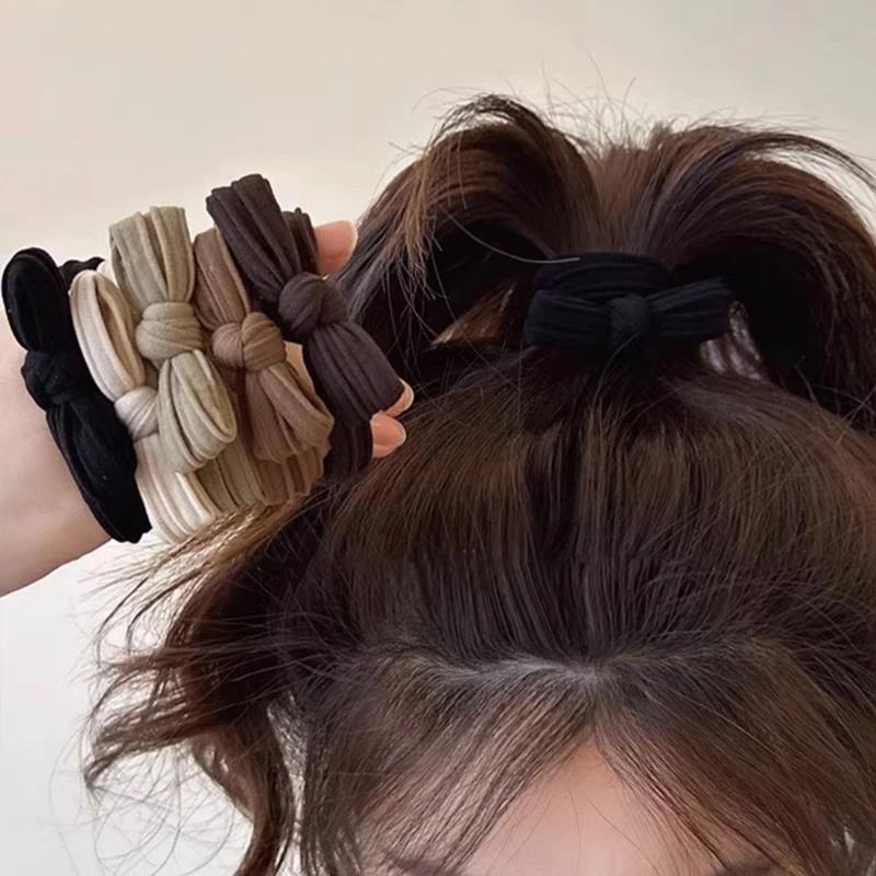 5pcs/Set Simple Bow Hair Ties Ropes Colorful Elastic Seamless Ponytail Holder Rubber Band For Toddler Girls