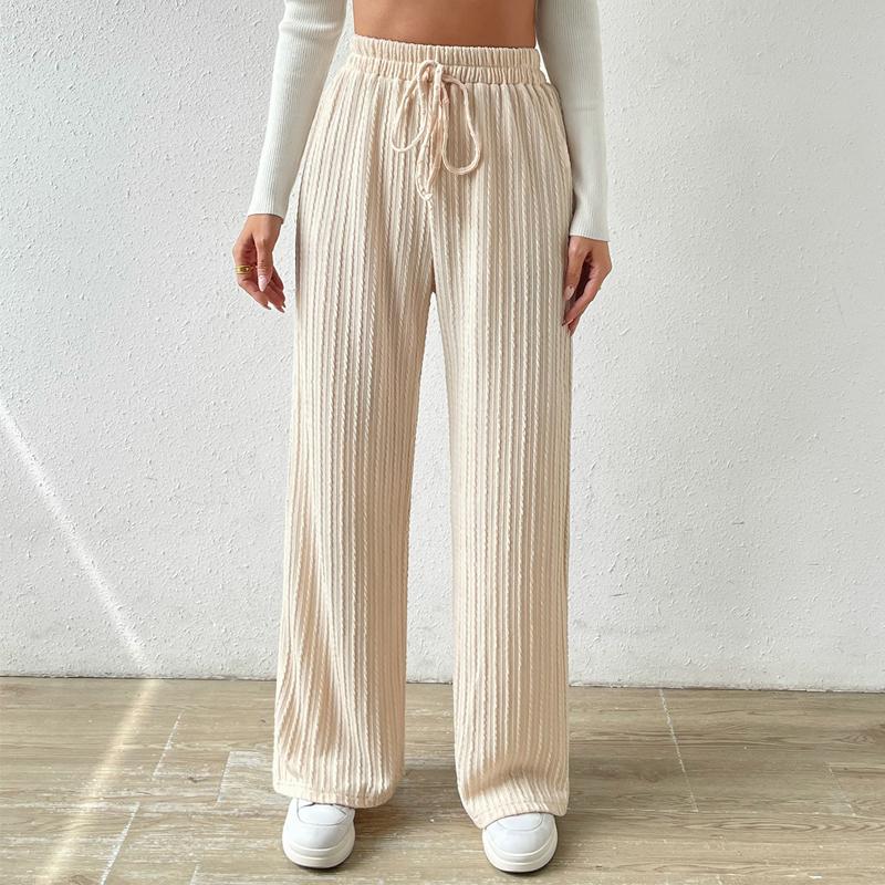 Women's Knitted Wide-leg Pants Fashion Solid Color Texture Stripes Elastic Waist Comfortable Casual Loose Straight Pants