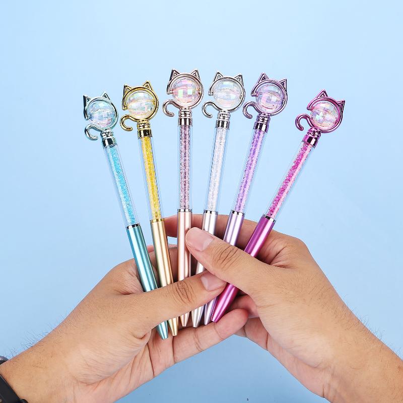 2Pcs Creative Shining Pen Cute Cat Head Ballpoint Pen Creative Cartoon Office Pen for School Stationery