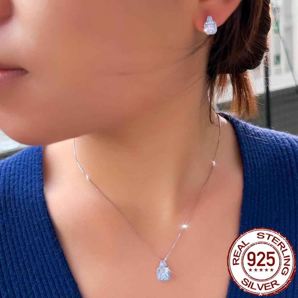 Charming Real 925 Sterling Silver Cubic Zirconia Jewelry Set Pink CZ Square Pendant Earrings Jewelry Set for Women Banquet