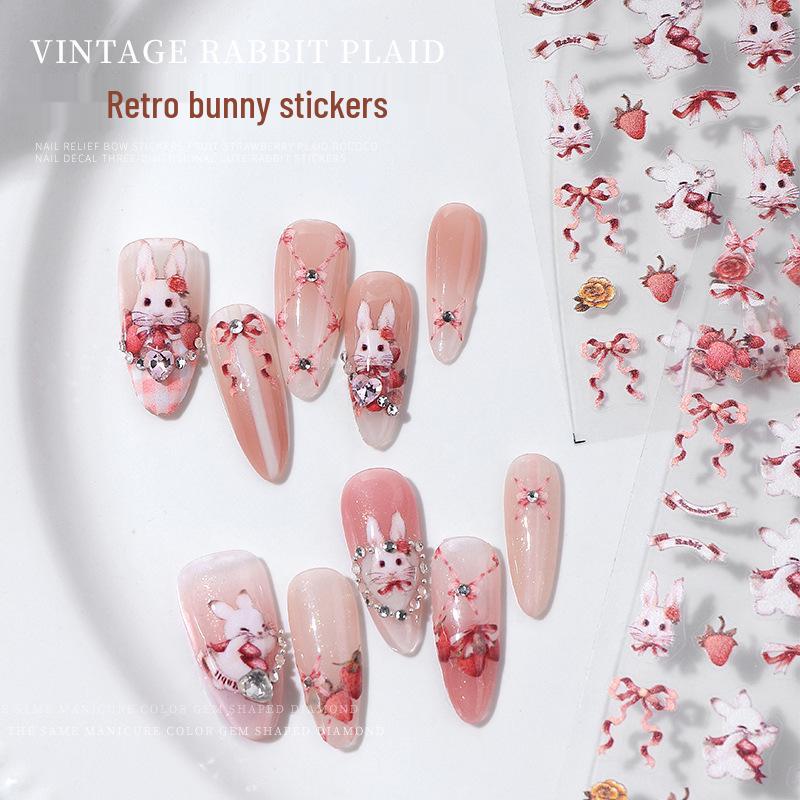 

Retro Rococo Rabbit & Strawberry Nail Art Stickers with Bowknot Gingham Pattern