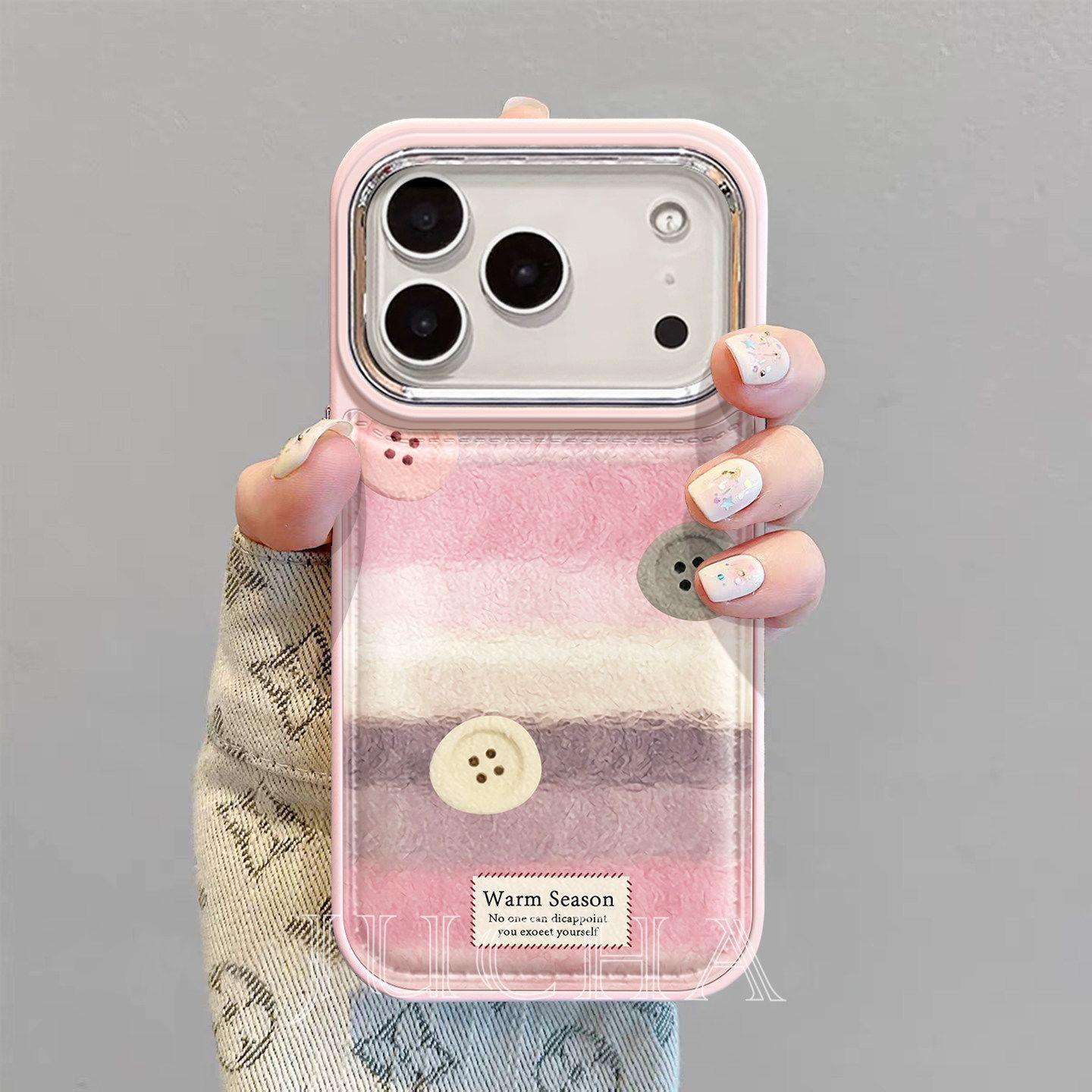 Cute Cartoon Plaid Plush iPhone 16/17 Pro Case with Imitation Button 11