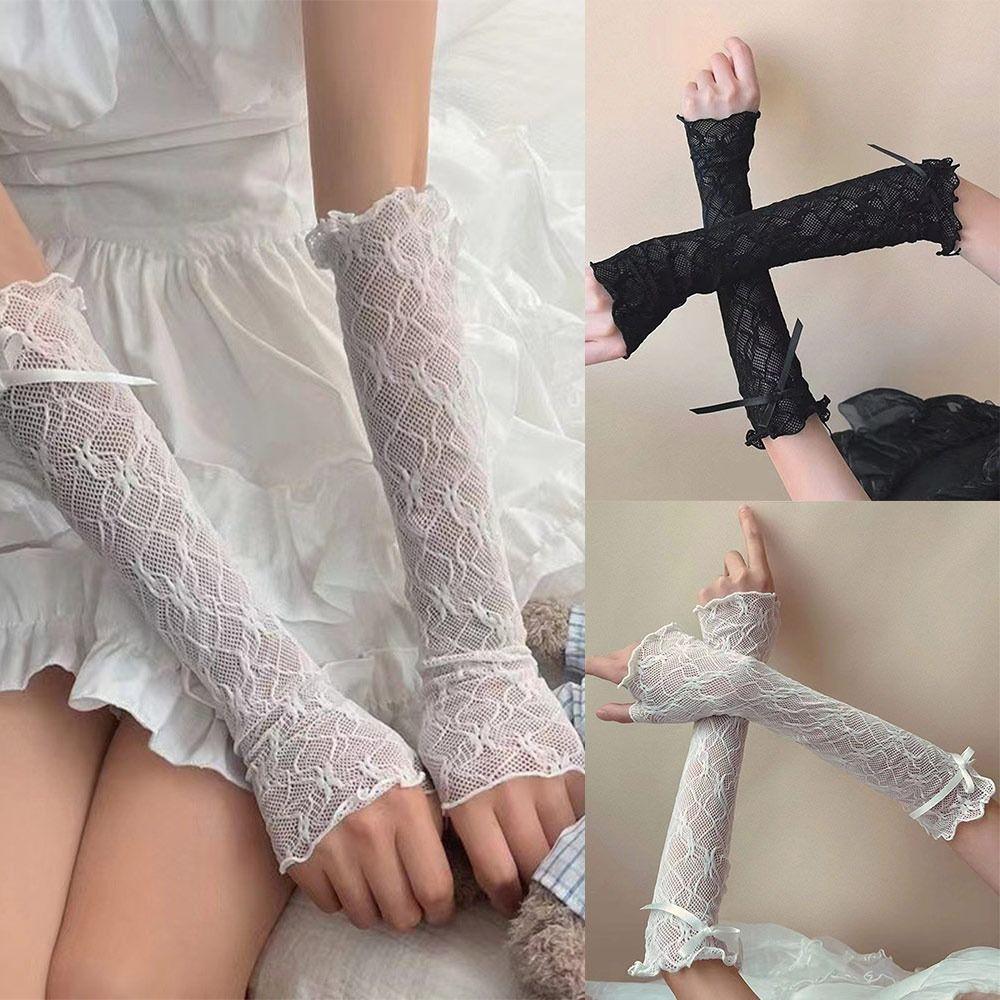 Black White Y2k Fingerless Mittens Lace Ruffle Arm Warmers Punk Lolita Lace Gloves  Women Girls