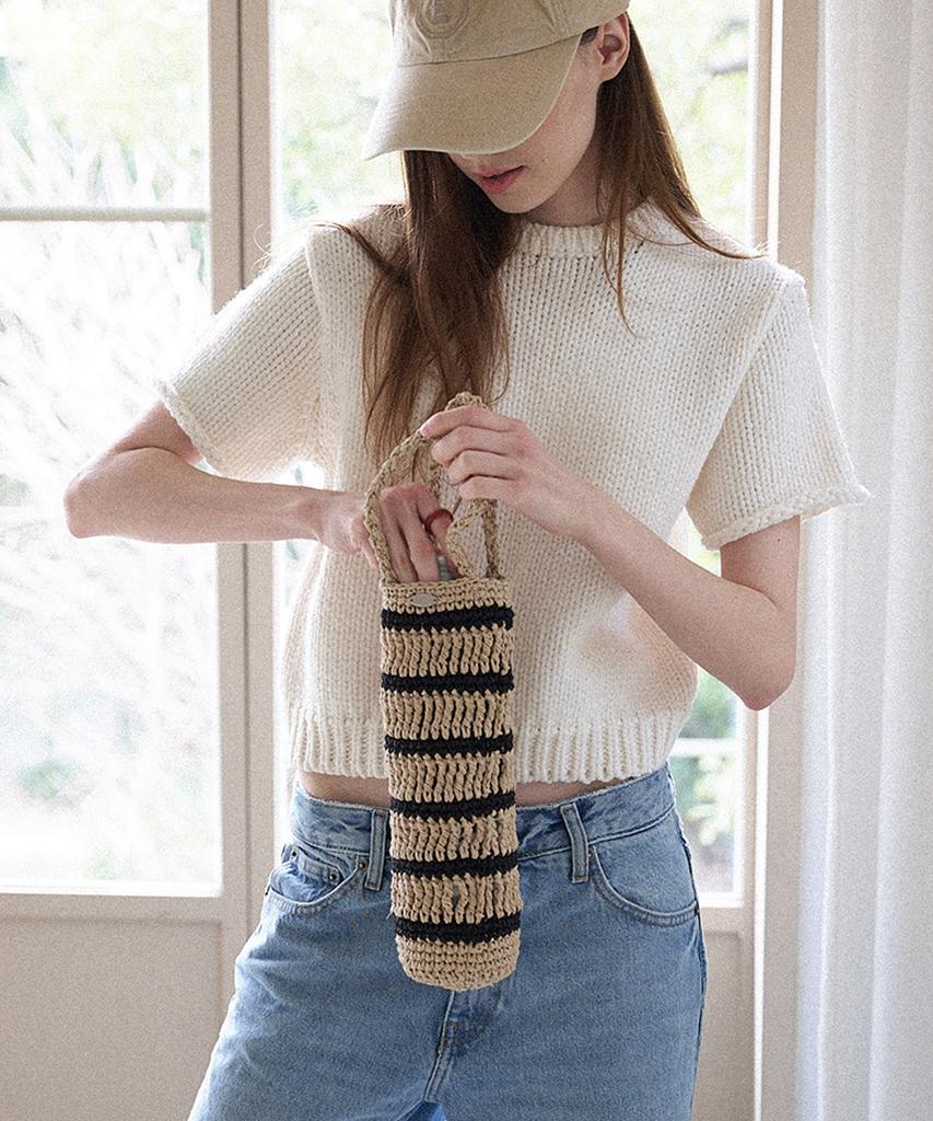 Slowslowly Moroccan Handmade Crochet Stripe Wine Bag _ Beige