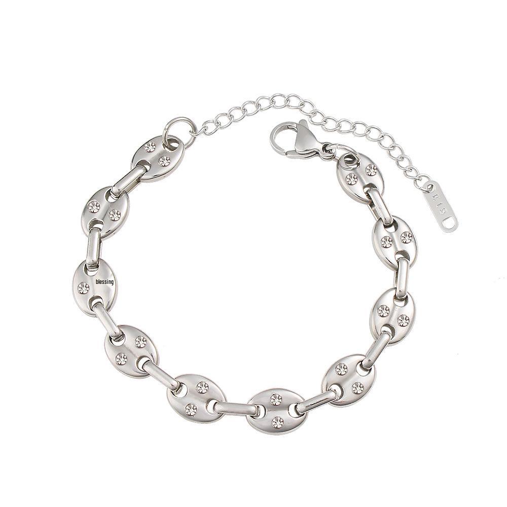 Hot Selling Hip Hop Zircon Pig Nose Coffee Bean Bracelet, Stainless Steel & Titanium