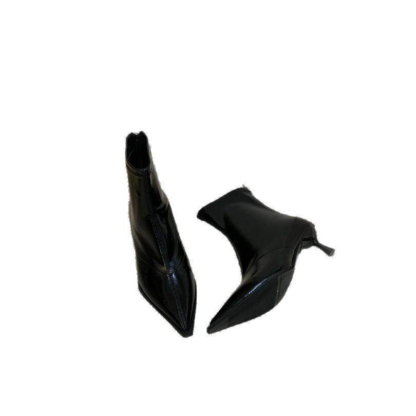 Autumn and Winter New Pointed High-heeled Thin Boots Women's French Thin-heeled Retro Rear Zipper Soft Leather Short Boots Elastic Fashion Boots
