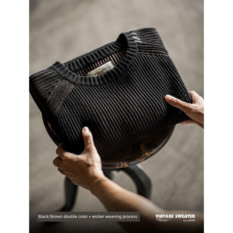 Madden Parka American Retro Vertical Stripes Woven Sweater Raglan Sleeve round Neck Thickened Base Knitwear Men's Autumn