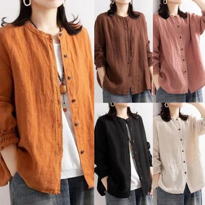 Spring and Autumn Cotton and Linen Shirt Women's Loose Round Neck Shirt Jacket Casual Jacket Closed Sleeve Top