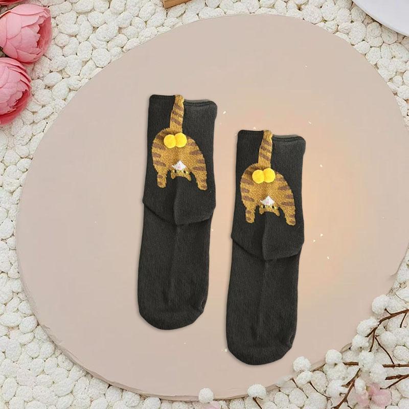 5 Par Tecknade 3D Katt Ägg Design Mellanhöga Strumpor för Kvinnor Mjuka Andningsbara Söta och Roliga Parstrumpor