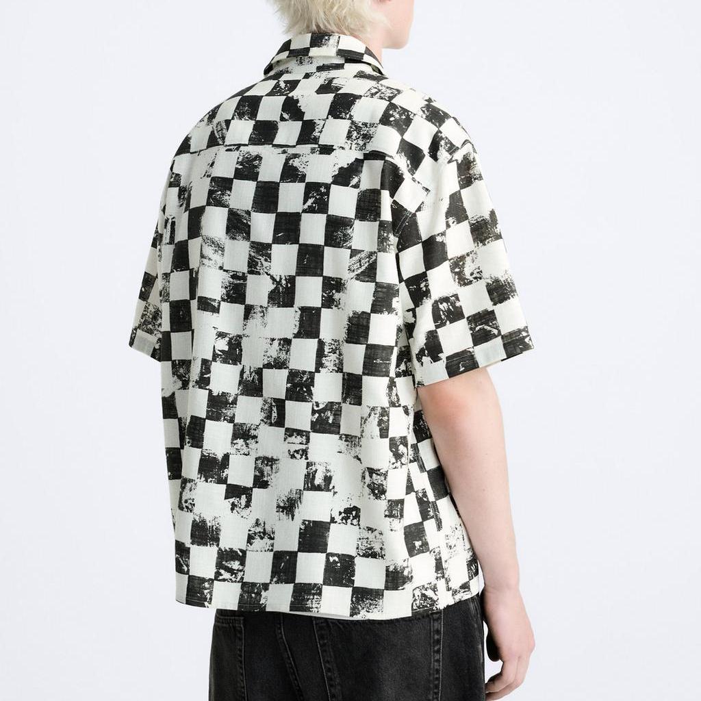 Zara Loose Casual Washed Plaid Print Lapel Short Sleeve Shirt Men Shirts White 0399208-150