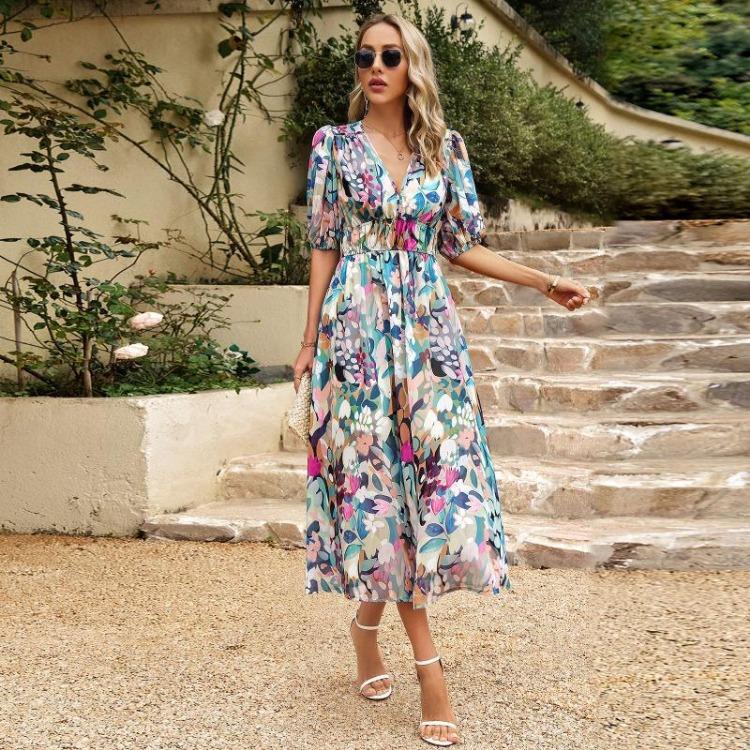 Vestido Longo de Verão Decote V Estilo Europeu Americano Cintura Enfaixada Estampado Fluido