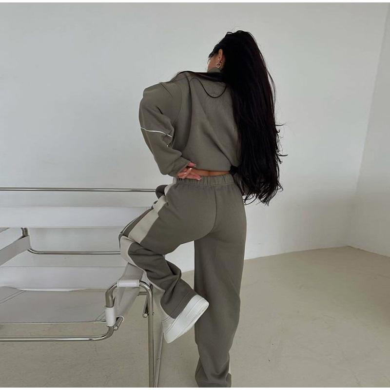 Loose Tracksuit Women Trouser Suits Loose Contrast Zipper Sweat Jacket Stripe Sweatpants Female 2 Piece Set  Autumn Lady Outwear