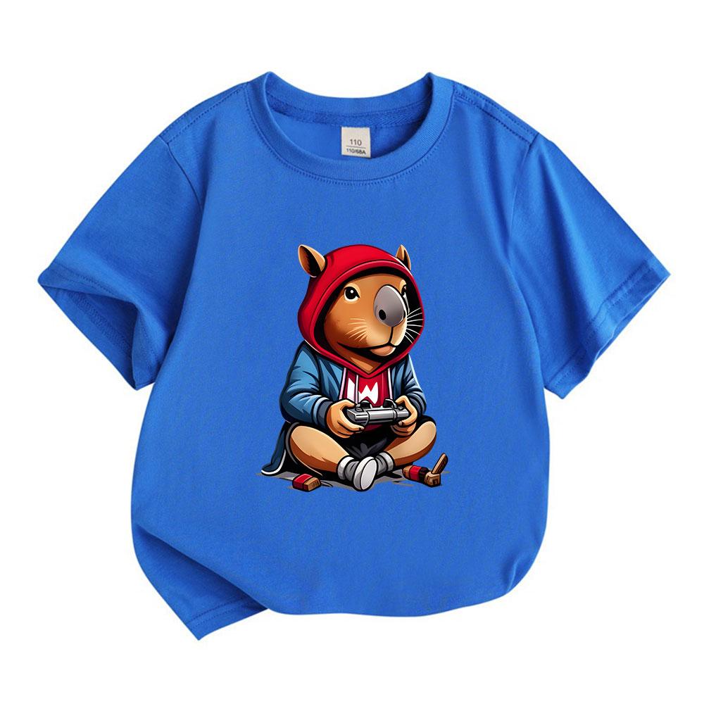 Kids Boys Girls 100% Cotton Crew Neck Short Sleeve T-Shirt, Funny Capybara Gamer Pattern Casual Soft Breathable Tee For Game Lovers Children Daily Wea