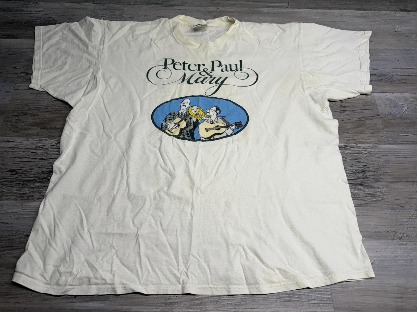

Vintage Peter Paul and Mary 90s Y2K Tour T-Shirt White Folk Band Faded 2XL L