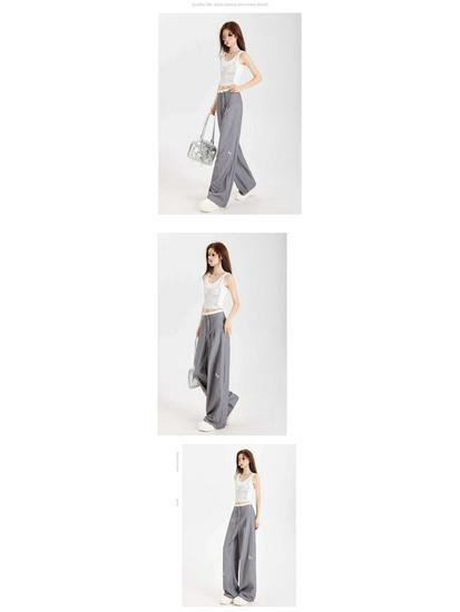 Women's Gray High Waist Wide-Leg Pants with Bow Embroidery