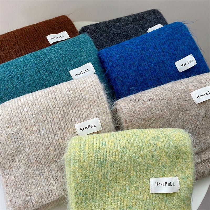 Green Knitted Scarf Women's Autumn and Winter White Korean Version Ins Solid Color New Student Warm Woolen Scarf