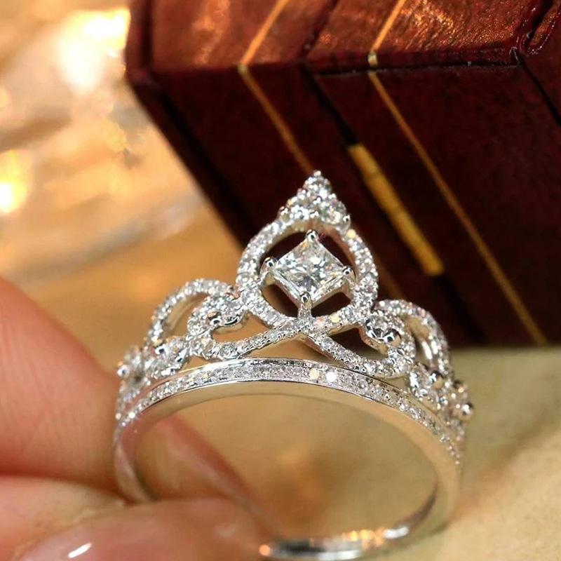 Exquisite Female Ring Real  Sterling Silver Princess Crown Cross Zircon Finger Rings for Women Statement  Gift Anillos