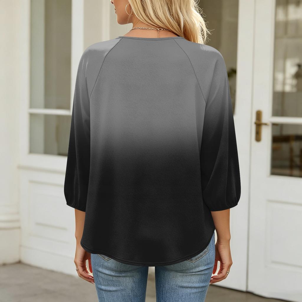 Women's Gradient Print 3/4 Sleeve Round Neck Pleated T-Shirt Top Casual Loose Fit Lightweight Blouse