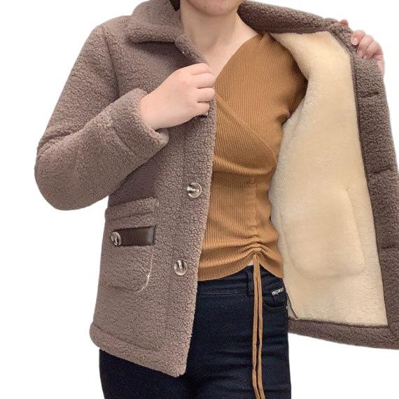 Lambswool Faux Fur Lined Loose Fit Mid-Length Women's Winter Coat, 2025 Autumn/Winter Collection