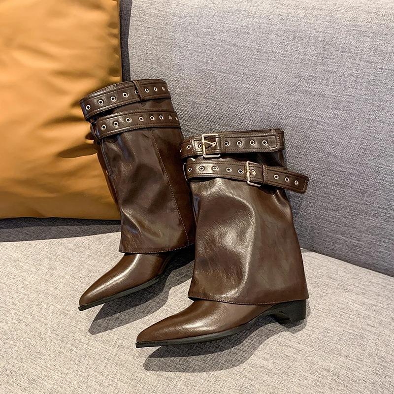 Fashion Autumn Vintage Thick Heel Women Western Cowgirl Boots Fashion Belt Buckle Ladies Elegant Slip On Mordern Mid Calf Booties