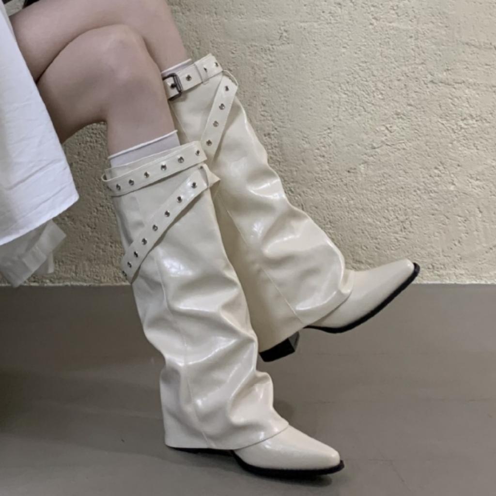 2025 new pointed wedge heel straight pants tube boots white belt buckle high boots but knee boots sweet cool western boots