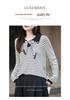 Women's French Polo Collar Knit Shirt with Scarf, Color Block Long Sleeve Autumn Sweater