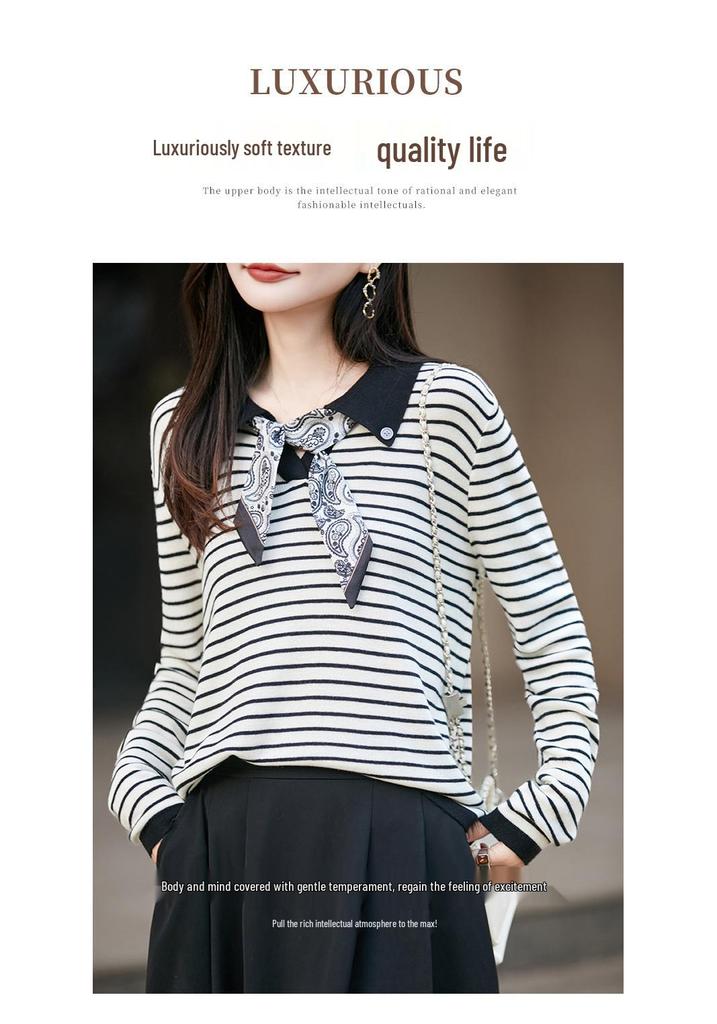 Women's French Polo Collar Knit Shirt with Scarf, Color Block Long Sleeve Autumn Sweater