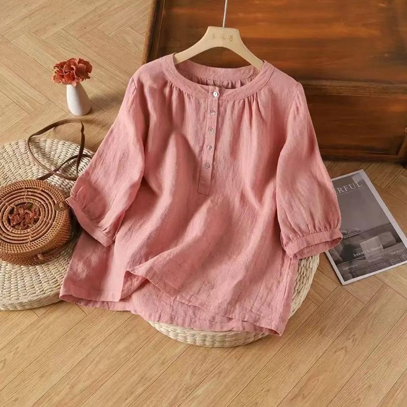 Sommer Neu Literarisch Retro Einfarbig Baumwolle Leinen Oberteil Locker Vielseitig Ethno-Stil Rundhals Shirt