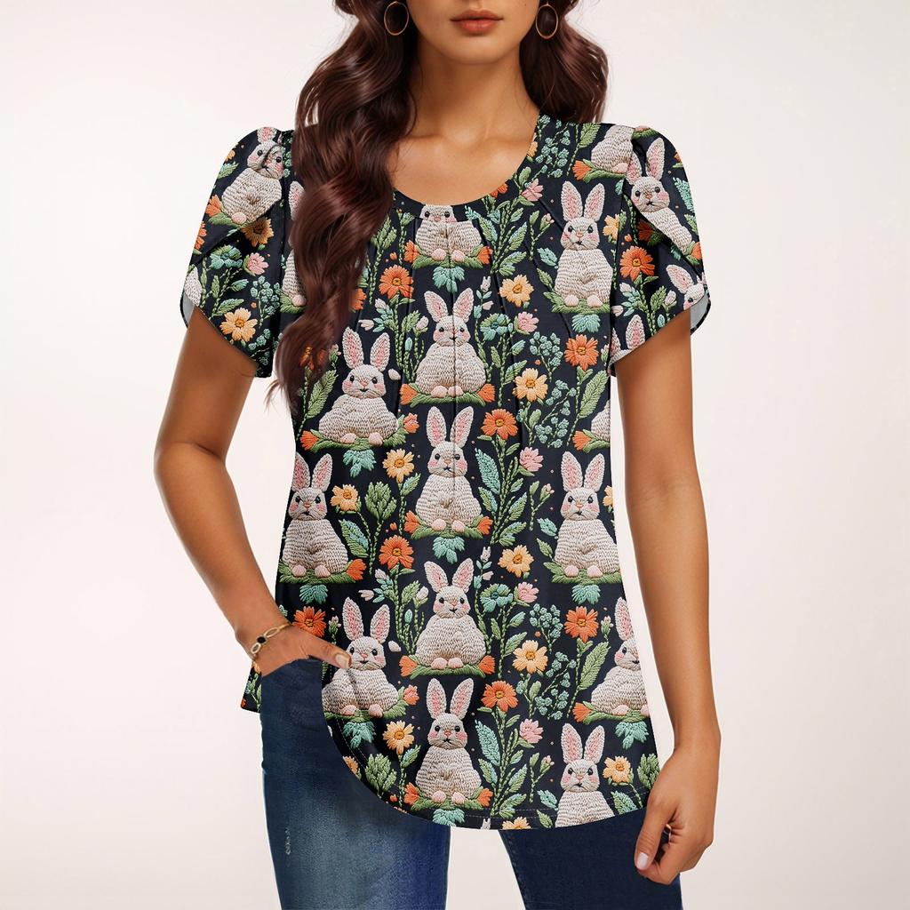 Women's Fashionable Round Neck Short Sleeve Printed Casual Basic Pleated Pullover T-shirt Top