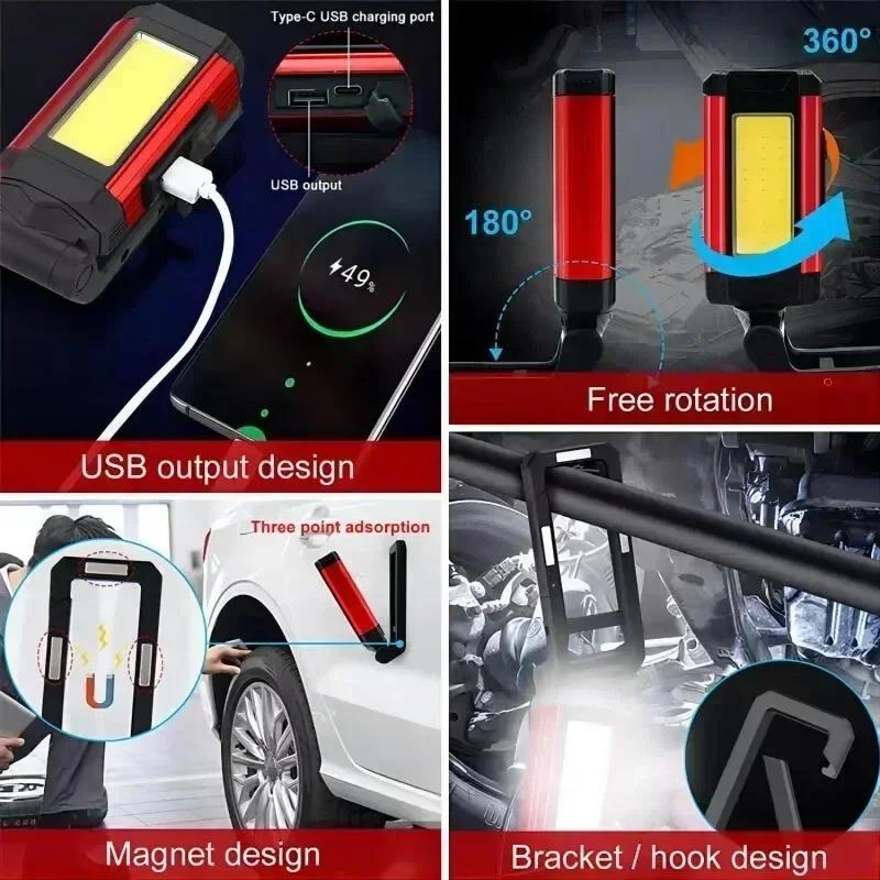 Multifunctional LED Flashlight COB Strong Light Portable Camping Lamp with Tail Magnet Waterproof Adjustable Lantern for Outdoor