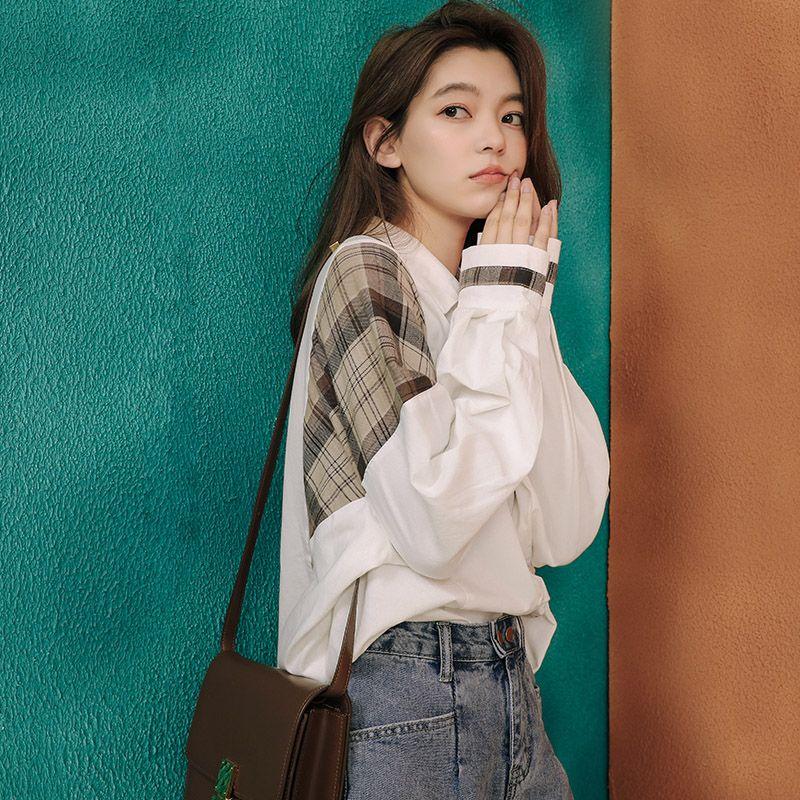 

Loose Long Sleeves Casual Plaid Stitching K-style Cotton Shirt Beige White M