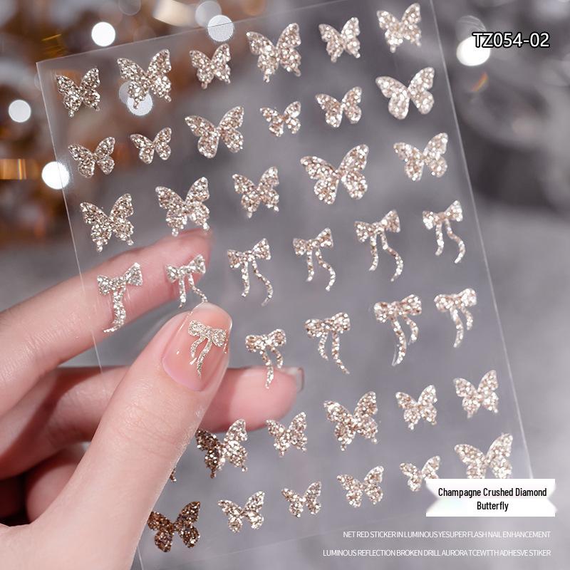 

Шампань Переливающийся Дробленый Бриллиант Хромированные Наклейки для Ногтей Chrome Hearts: Дизайны с бабочкой, розой, кроликом и снежинкой