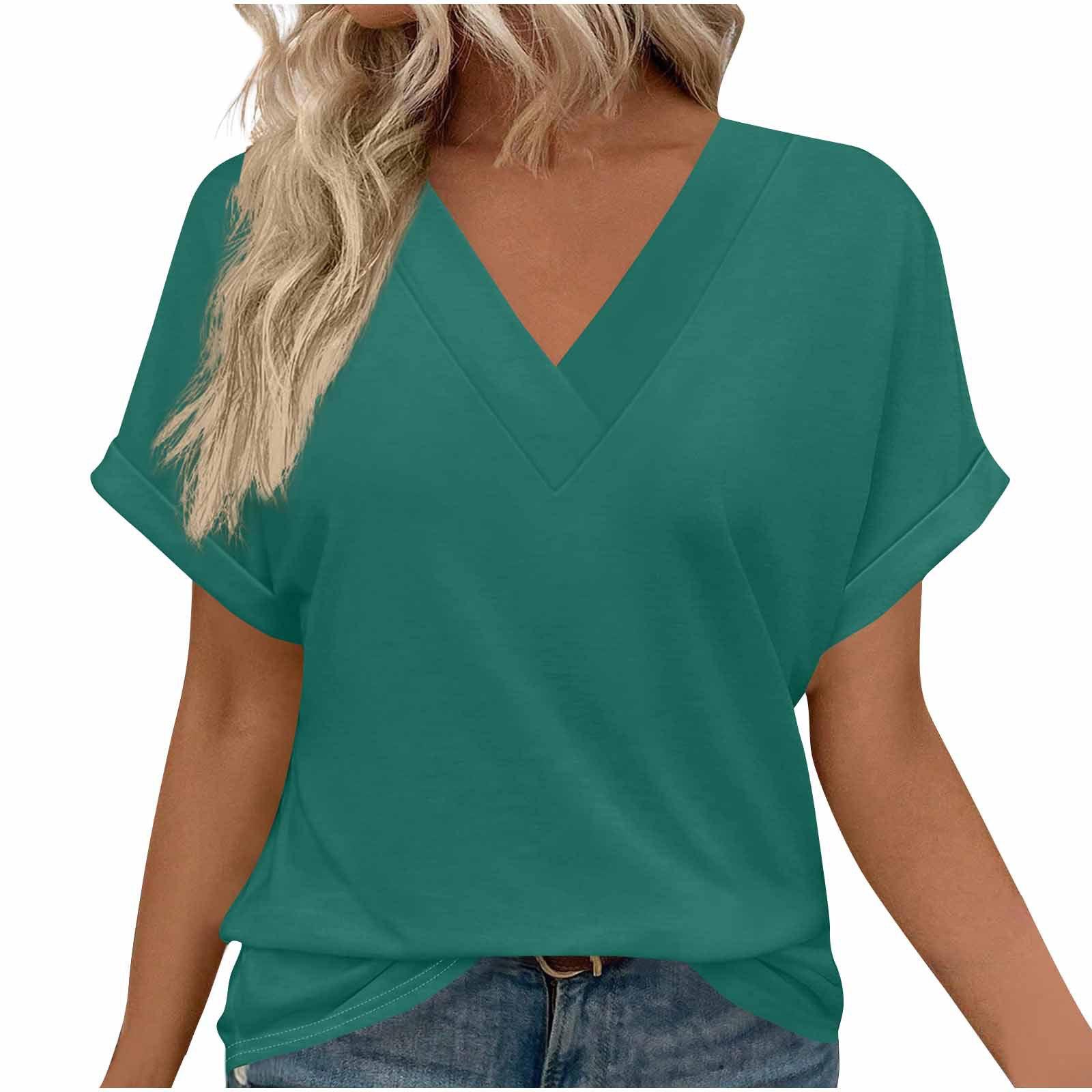 

Spring and summer European and American new women s clothing loose large size V-neck solid color short-sleeved T-shirt XXL темно-зелений колір