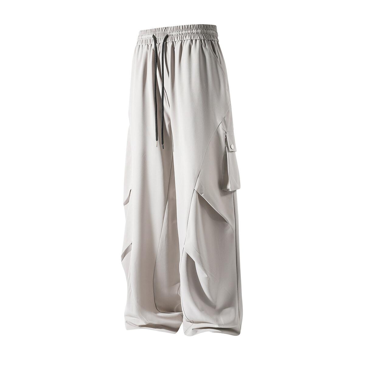 

Модные мужские брюки с боковыми карманами, плиссированные, повседневные, однотонные, прямые, с эластичной талией, мужские свободные повседневные брюки из ледяного шелка S светло-серый