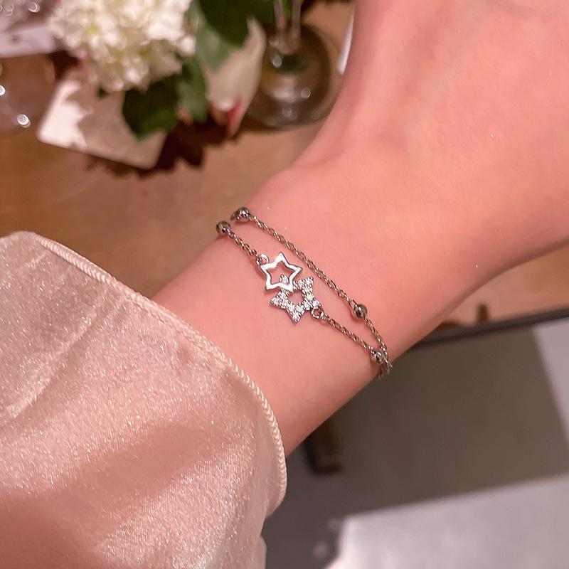 Korean Style Double Layered Hollow Star Bracelets for Women Girls Sweet Cute Fine Chain Bracelets Daily Wear Jewelry Accessories