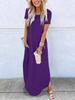 Women's Round Neck Short Sleeve Maxi Dress Loose Fit High Waist Solid A Line T Shirt Dress With Side Pockets