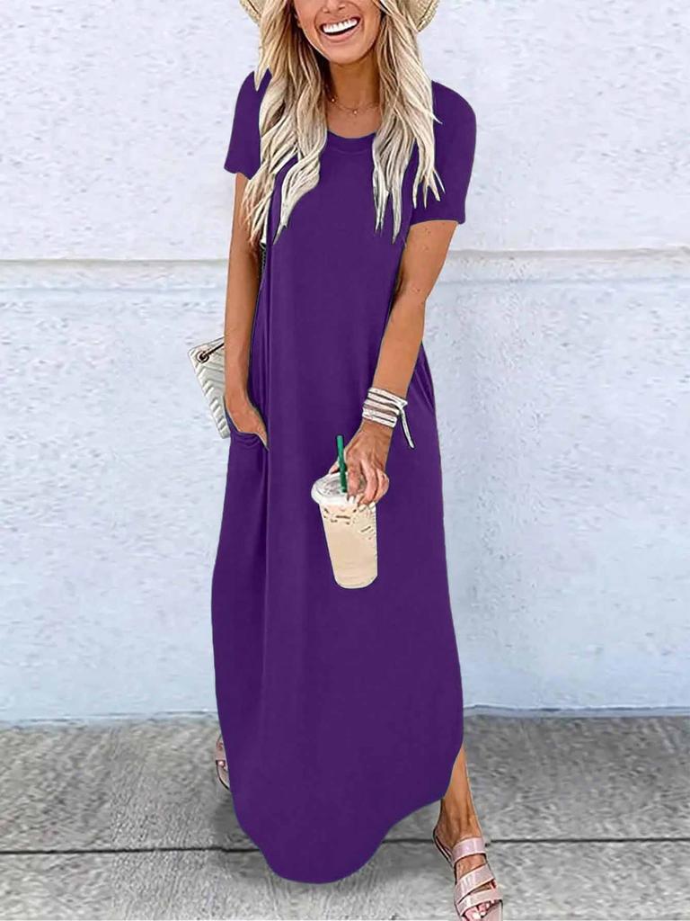 Women's Round Neck Short Sleeve Maxi Dress Loose Fit High Waist Solid A Line T Shirt Dress With Side Pockets