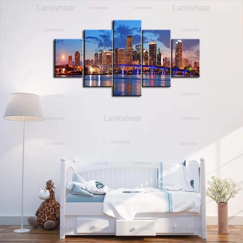 

5 шт. холст картины стены искусства Майами город горизонт городские небоскребы мост модульные плакаты и принты современное украшение дома 20x35cm*2 20x45cm*2 20x55cm*1