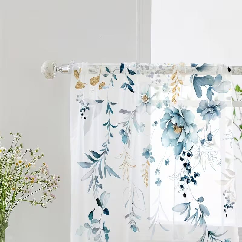 2PC Indigo & Gold Watercolor Floral Vine Sheer Curtains - Elegant Botanical Window Drapes for Kitchen & Living Room
