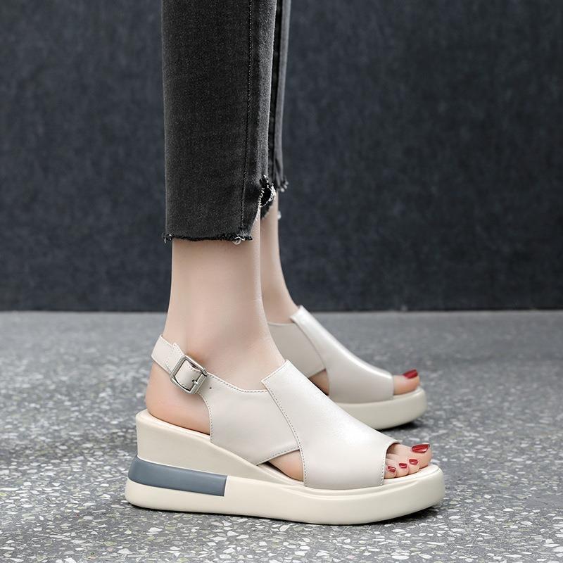 thick-soled wedge sandals women's new summer high-heeled fish-mouth women's shoes soft leather heightening muffin shoes