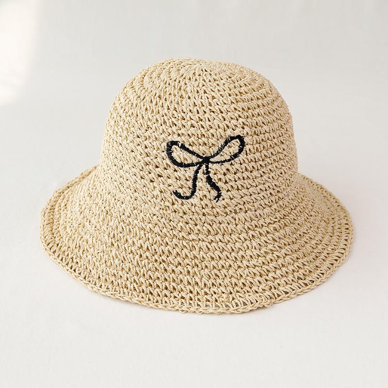 Sweet bow embroidered straw hat women's seaside vacation fisherman's hat children's summer hollow breathable straw visor