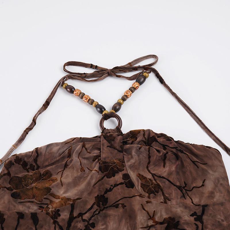 Retro Print Beaded Halter Crop Top for Women - Vintage Slim Fit