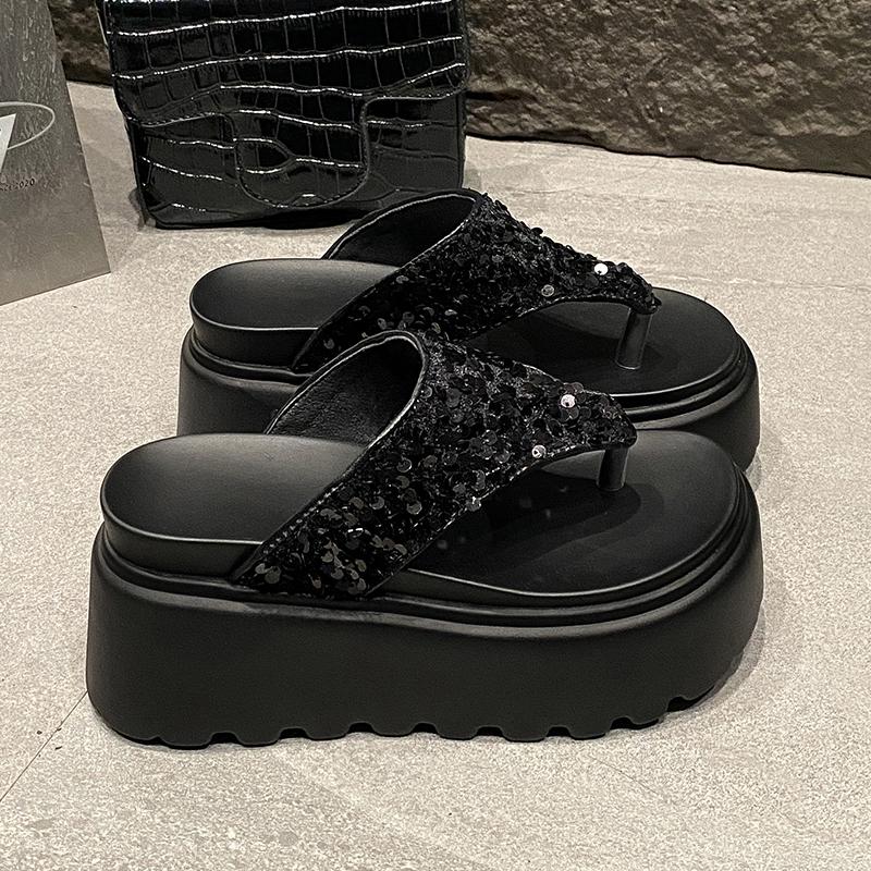 Fashion 8.5CM Heels Chunky Platform Slippers Women Bling Open Toe Thick Bottom Wedges Sandals Woman Summer Female Beach Flip Flops