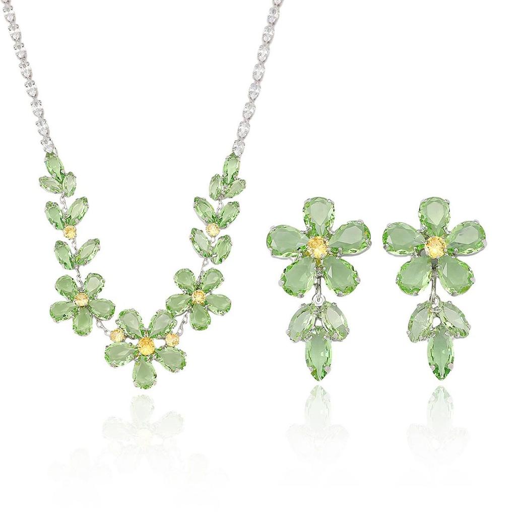 European & American Style Zircon Plum Blossom Necklace & Earrings Set – Green, Transparent, Chic Clavicle Design