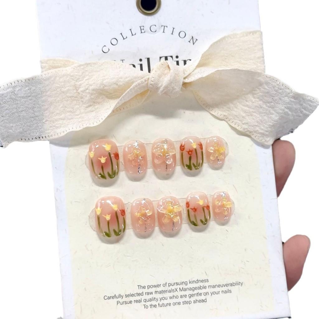 Ice Transparent Short Nude Flower Cute Milk Yellow Fresh Wearable Nail Sticker