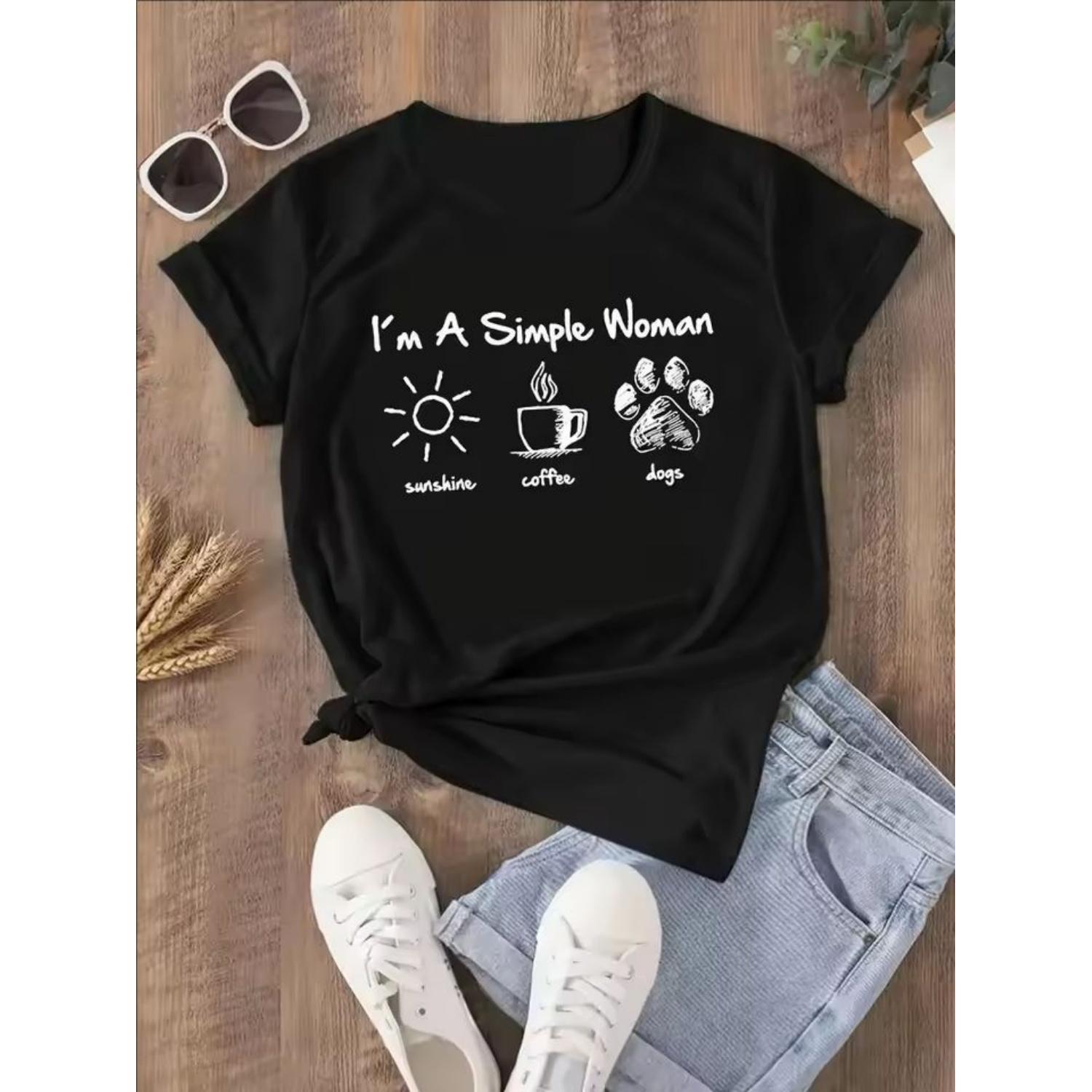 

I Am A Simple Women with Letters Sunshine Coffee Dog Pattern T-shirt Fun Cute Retro Damska koszulka Moda Casual Summer Top S