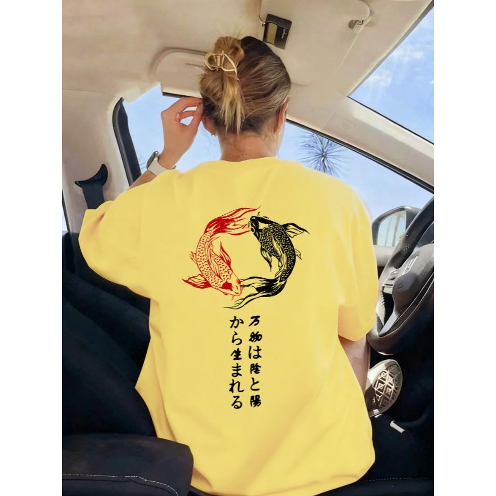 Japanese Harajuku Koi Art Letter Print Women T-Shirt Summer Casual T Shirts Hip Hop Soft Tee Top Crewneck Comfortable