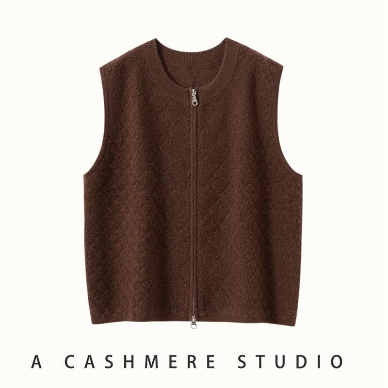 Women's Diamond Knit Cashmere Zipper Cardigan Vest - Loose, Thickened for 2025 Autumn/Winter